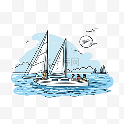 游客正在玩涂鸦风格的帆船插画
