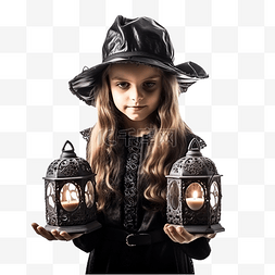 穿着裙子的小女孩图片_万圣节孩子们穿着女巫服装的卷发