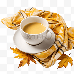 咖啡节日海报图片_感恩节快乐的概念，配有围巾黄叶
