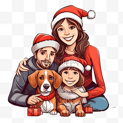 宠物圣诞节图片_幸福的家庭与狗比格犬正在等待圣