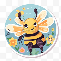 蜜蜂和花朵图片_带有卡通蜜蜂和花朵的圆形贴纸 