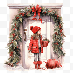 木扇图片_穿红外套的女孩用圣诞花环装饰一