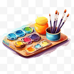 绘画调色板图片_画笔和油漆托盘插图以简约风格