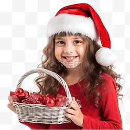 人拿着篮子图片_可爱的小女孩戴着圣诞帽，手里拿