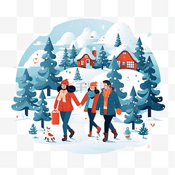 卡通夫妇家庭插画图片_与人们一起冬季的可爱圣诞节插图
