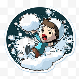 一个男孩和雪在雪地里玩耍的卡通