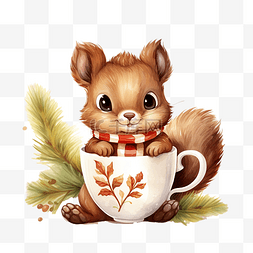 松鼠形象卡通图片_可爱的卡通圣诞松鼠与茶杯里的圣