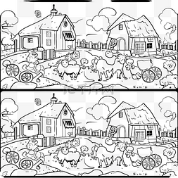 村庄线图片_在农场黑白寻找差异游戏为儿童教