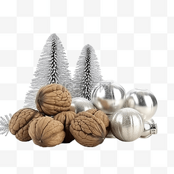 核桃的图片_木桌上有银核桃的美丽圣诞组合物