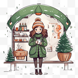 冬天站在圣诞咖啡馆里的小女孩