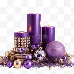 明亮表面上有蜡烛和紫色和金色装