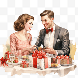 庆典晚宴图片_节日情侣在圣诞晚宴上赠送和接受