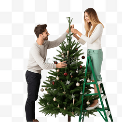 年轻的夫妇图片_年轻恩爱的夫妻一起装饰圣诞树