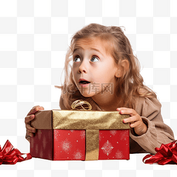 小女孩看着装有圣诞礼物的打开盒