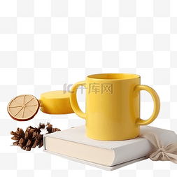 桌上的茶图片_书籍和两个黄色杯子，靠近花圈，