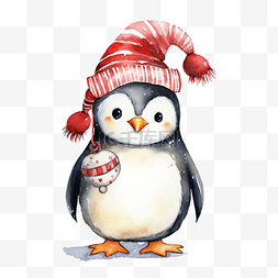 可爱小动物水彩图片_可爱的企鹅圣诞节与水彩插图