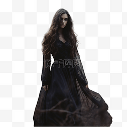 穿着长裙和黑眼睛的黑女巫站在秋