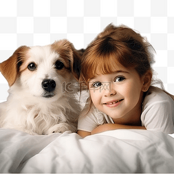 趴床上人物图片_小女孩和杰克罗素小狗在装饰圣诞
