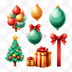 互联网插图图片_圣诞套装 3D 圣诞树礼物糖果和气