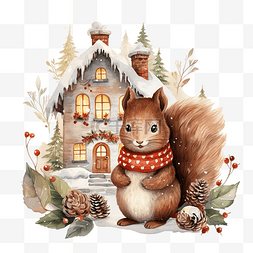 圣诞插画，有可爱的松鼠和舒适的