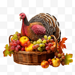 水果卡通形象人物图片_感恩节，火鸡提着装满水果的篮子