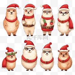 系列圣诞老人图片_圣诞羊驼在圣诞老人帽子卡通节日