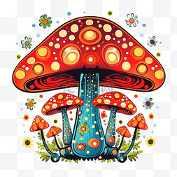 彩色的蘑菇图片_色彩缤纷的复古蘑菇飞木耳与点状
