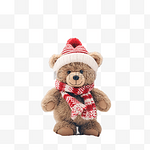 圣诞贺卡，上面有一只可爱的泰迪熊，戴着圣诞老人帽子，在白雪皑皑的森林里的圣诞树间