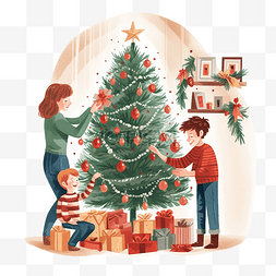 人在装饰圣诞树图片_妈妈和儿子们站在房间里装饰圣诞