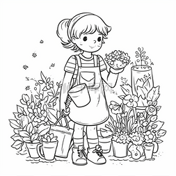 拿着花盆的小女孩图片_花园前拿着花盆的小女孩着色页