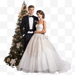 婚礼当天，新娘和新郎在圣诞树旁