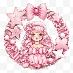 小花环装饰图片_可爱的卡通公主和圣诞粉色花环，