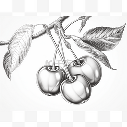 带叶子的樱桃图片_几个带叶子的樱桃的黑白素描插图