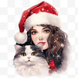 插图卡圣诞女孩与猫在圣诞老人的