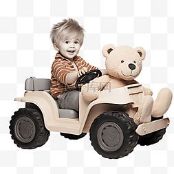 男孩在玩车图片_小男孩和一只有趣的小泰迪熊一起