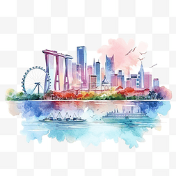 新加坡气候图片_新加坡城市景观天际线彩色水彩风