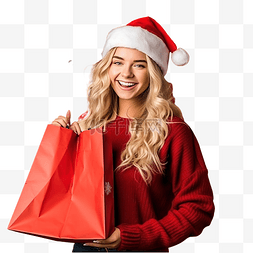 圣诞老人派礼物图片_戴着圣诞帽的女孩在孤立的红墙上
