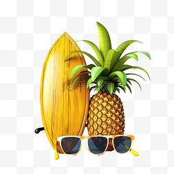 3d 夏季旅行与菠萝舵冲浪板棕榈树