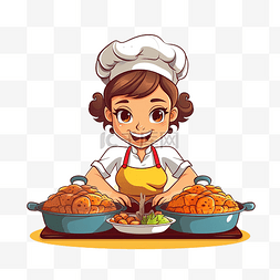 美食插图图片_小女厨师为感恩节烹饪传统菜肴的