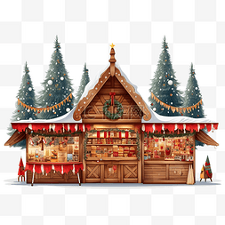 卡通小木房子图片_城市冬季节日集市上的圣诞树和市