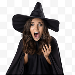 女巫女巫的房子图片_穿着女巫服装的快乐黑发女孩吓坏