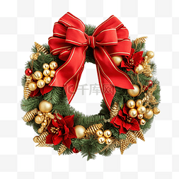 边框丝带金色图片_圣诞花环，红丝带和金色装饰隔离