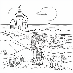 涂色卡通宝石图片_坐在沙滩上涂色纸的女孩