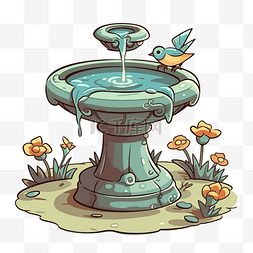 花园喷泉里一只鸟的鸟浴剪贴画卡
