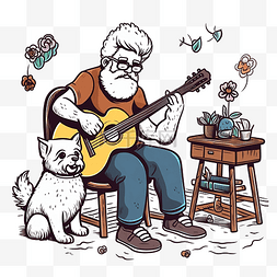 光从窗口图片_手绘老人弹吉他与涂鸦风格的狗插