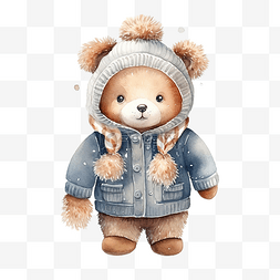 小熊手绘素材图片_可爱的水彩圣诞熊穿着冬衣，配有