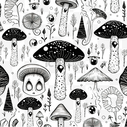 卡通水晶眼睛图片_神奇蘑菇黑色和白色矢量无缝模式