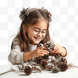 有趣的小女孩用天然材料为圣诞树