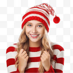 在圣诞集市上，戴着红色针织帽拿