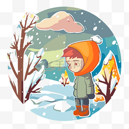 冬天贴纸，男孩穿着冬衣和树 图